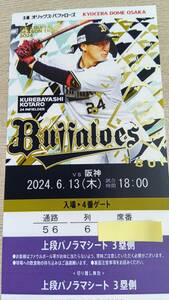 6 month 13 day 6/13 Orix against Hanshin on step panorama seat 1 sheets price Osaka Dome 