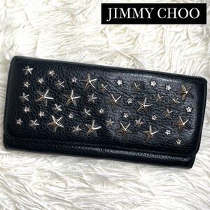 希少品 / JIMMY CHOO ジミーチュウ ニノスターズクリスタルウォレット 長財布 グレインレザー スタッズ ビジュー ブラック NINO