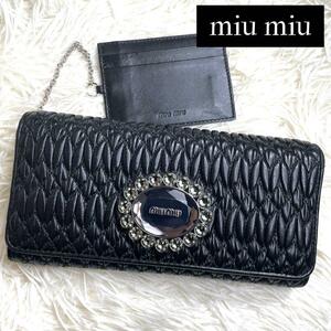 美品 / miu miu ミュウミュウ ナッパクリスタルコンチネンタルウォレット 二つ折り長財布 マテラッセレザー ブラック ビジュー 5MH109