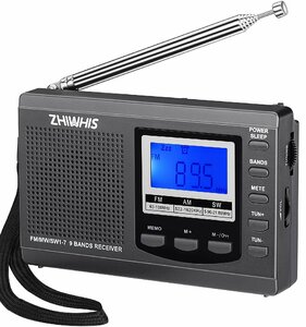 ZHIWHIS ラジオ 小型ポータブル FM/AM/SW ワイドfm対応 高感度クロック防災ラジオ 電池式 タイマー/目覚まし時計/デジタル時計/キ