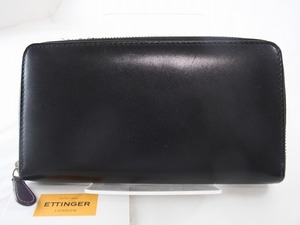 1円　良品　ETTINGER エッティンガー 　★　ラウンドジップ　長財布　★　ブラック　＆　パープル　レザー　8960