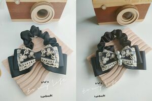 【新品】koara handmade 刺繍リボンヘアゴム ②貝パールチャーム付き