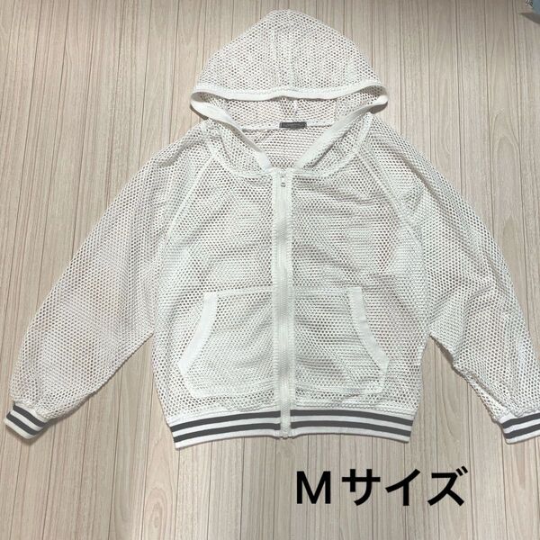 メッシュパーカー ジップアップ 透かし編み 白 M 日焼け防止 プール(B)海外旅行