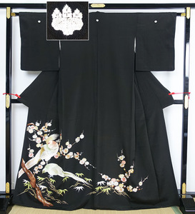 黒留袖 昭和レトロ 豪華金銀色刺繍 梅 鳥 リメイク用に 五三の桐紋入り 正絹 11193