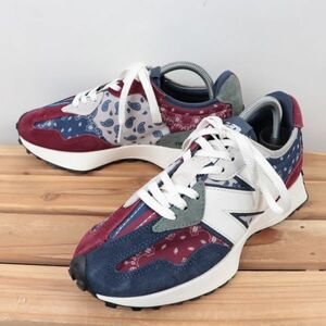 z1654【MS327DWU】ニューバランス US8 26.0cm/紺 ネイビー 赤 エンジ 白 ホワイト系 ペイズリー newbalance メンズ スニーカー 中古