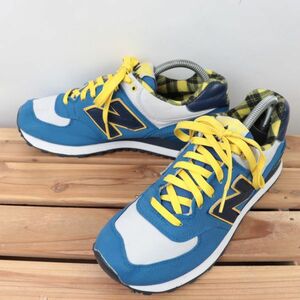 z1748【574】ニューバランス US7.5 25.5cm/青 ブルー 灰 グレー 紺 ネイビー 黄色 イエロー チェック newbalance メンズ スニーカー 中古