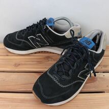 z2019【574】ニューバランス US7 25.0cm/黒 ブラック 灰 グレー 青 ブルー newbalance メンズ ユニセックス スニーカー 中古_画像1