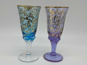 D5-061 [ secondhand goods ] gold paint pe Agras wine glass venechi Anne glass? sake cup and bottle Venetian glass floral print b LOOPER pull 