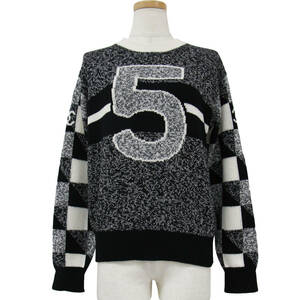 美品 CHANEL シャネル ニット カシミヤ ブラック ホワイト 36(S) ココマーク No.5 模様編み メランジ P73214 K10523 トップス セーター