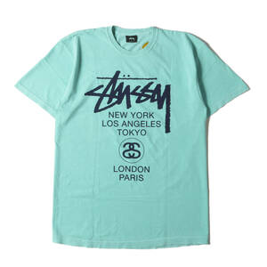 新品 STUSSY ステューシー Tシャツ サイズ:L ピグメントダイ加工 ワールドツアー クルーネック 半袖Tシャツ グリーン トップス カットソー