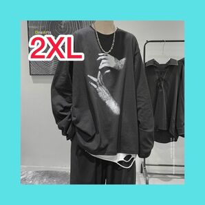 ブラック　黒　長袖　Tシャツ　ロンT　メンズ　韓国　2XL