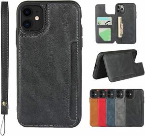 送料無料 iPhone 11 Pro 背面ケース 手帳型 カバー 財布case ストラップ付き 多機能 カード収納 手帳ケース ブラック 黒 レザーケース