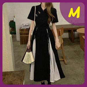 M ロングワンピース チャイナ服　チャイナドレス　半袖 バイカラー　フレア 黒　レディース　ロングスカート　ブラック