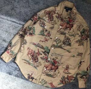 最高のロデオ柄 90's vintage ★ Ralph Lauren ★ ラルフローレン 総柄 乗馬柄 サウスウエスタン柄 薄手 長袖 ライトネルシャツ 4