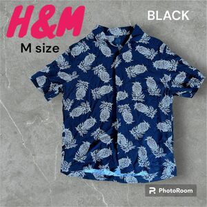 H&M アロハシャツ 半袖シャツ シャツ レディース M ブラック パイナップル 半袖 黒 ブラック 総柄