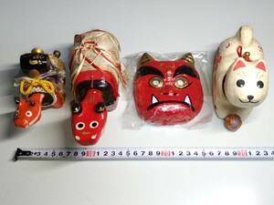 A1460　中古品　張り子首振り3点＆赤鬼のお面セット　干支/戌いぬ/１点　赤ベコ/２点　赤鬼の面/１点　人形 郷土玩具 民芸品 レトロ