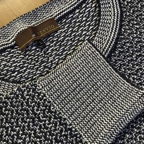 VESVIO 双日インフィニティ㈱日本製 綿 和紙 レーヨン混紡 紺灰ジャガード/クルーネック の画像1