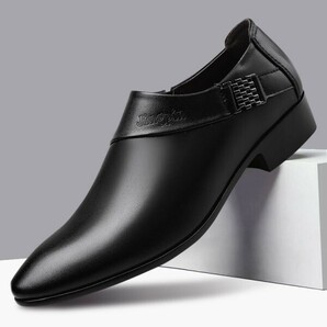 靴bs10【26.5cm 黒 】メンズ PUレザー ビジネスシューズ 紐なし スリッポン 合皮 革靴 紳士靴 ブロック柄 ブロック調 ドレスシューズ 1