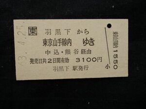 A型　ＪＲ東　羽黒下（小海線） から　東京山手線内 ゆき 　羽黒下駅発行