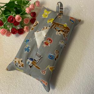 ハンドメイド☆エコティッシュカバー☆三毛猫と昭和レトログッズ♪グレー