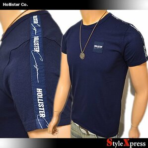 SALE 新品 ホリスター Hollister 紺 XLサイズ 両肩ロゴテープ Tシャツ 胸ロゴパッチ 丸首 クルーネック ネイビー アバクロ 正規品 メンズの画像1