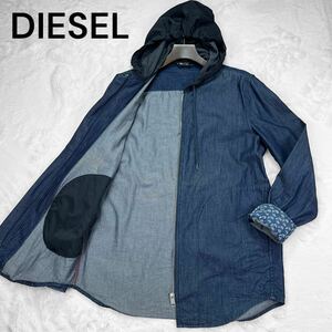 美品★ ディーゼル デニムジャケット DIESEL ブルゾン パーカー ジャンパー フード ロゴプレート 花柄 インディゴ コットン M相当 ブラック