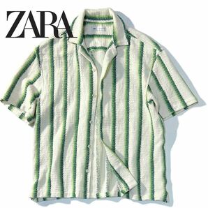 【ZARA MEN】海と街で着回し◎!!ザラ 透かし編み 半袖ストライプシャツ オープンカラーシャツ キューバシャツ 厚手 ブランケットシャツ の画像2