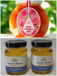 ブルガリア産バラの花びらジャム 230g Rose Petals Jamと瓶 2 個 有機生アカシア蜂蜜 450g