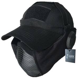 サバゲー マスク フェイスガード タクティカル キャップ セット 耳保護付き サバイバルゲーム 装備 (ブラック)