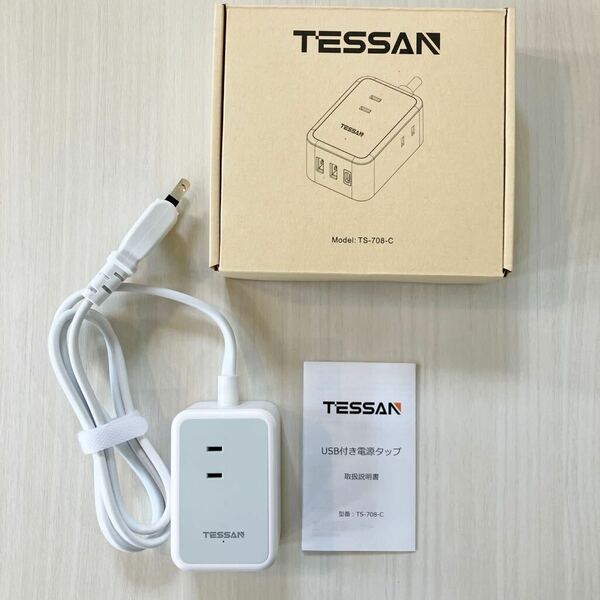 TESSAN 電源タップ USB付き延長コード 1m /AC口 3個/USB-C 1ポート/USB-A 2ポート/テーブルタップ スイングプラグ 壁掛け式/卓上 小型軽量