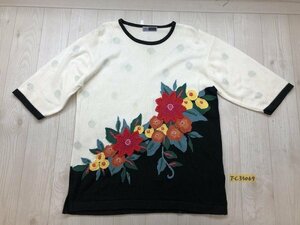 RIKA TANAKA レディース 花刺繍 ドット柄 サマーニットソー レーヨン綿他 黒アイボリー