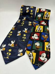 90sUSED Vintage Snoopy * Mickey Mouse necktie 2 ps *662 control number 