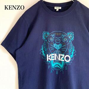 【美品1円スタート】KENZO ケンゾー タイガービッグロゴ 半袖Tシャツ カットソー ネイビー×グリーン 虎 メンズ Mサイズ