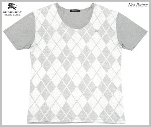 即決 美品 BURBERRY BLACK LABEL バーバリーブラックレーベル チェック柄 ホース刺繍 半袖Tシャツ カットソー グレー 3 日本製 メンズ