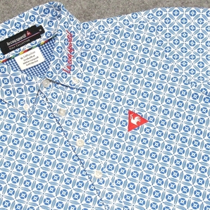 即決 極美品 le coq sportif GOLF ルコックゴルフ サーフレコードパターン 小紋柄 吸汗速乾 ボタンダウン 半袖ポロシャツ M メンズの画像3