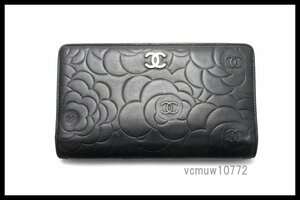 希少美中古■CHANEL 14番台 カメリア SV金具 レザー 2つ折り長財布 シャネル■0328gn1630-5M