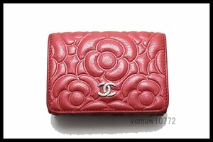 近年モデル希少美中古■CHANEL 28番台 カメリア SV金具 レザー 3つ折り財布 シャネル■0328ok18325