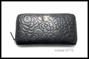 希少美中古■CHANEL 17番台 カメリア レザー ラウンドファスナー 長財布 シャネル■0411se26306