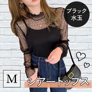 M 黒 水玉 シアー シースルートップス レディース レース ブラウス 長袖 韓国 ハイネック 絶妙な透け感