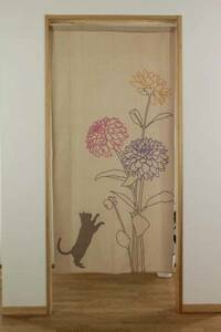 新品　 暖簾　のれん 日本製 レースプリントのれん：ネコとダリアの柄：丈170cm