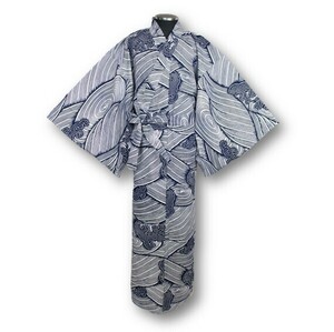 [ made in Japan ] Japan sea ... make do [ wave ]. design ... yukata! white ground . navy blue pattern L size 