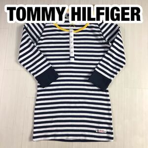 TOMMY HILFIGER トミー ヒルフィガー トップス 七分袖 M ボーダー ラグランスリーブ ネイビー×ホワイト 刺繍ロゴ ロゴタグ ロンT ボタン