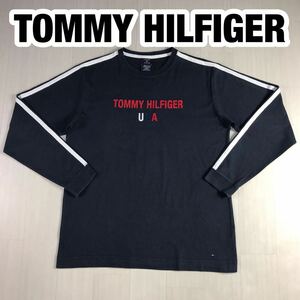 TOMMY HILFIGER トミー ヒルフィガー 長袖Tシャツ L ネイビー ビッグロゴ 刺繍ロゴ フラッグ ライン ロンT