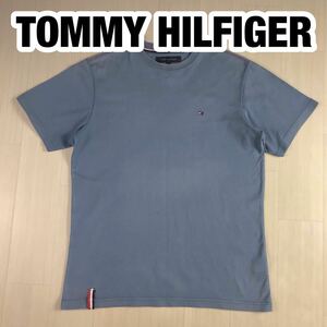 TOMMY HILFIGER トミー ヒルフィガー 半袖Tシャツ S くすみブルー 刺繍ロゴ フラッグ 刺繍ステッチ