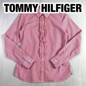 TOMMY HILFIGER トミー ヒルフィガー 長袖シャツ 6 レッド×ホワイト ストラップ フリルシャツ 刺繍ロゴ フラッグ