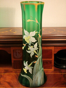 アンティーク　アールヌーボー　ルグラ　エマイユ彩　水仙紋花瓶　40cm