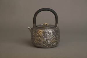 時代 純銀製 大国寿郎造 山水浮彫 湯沸 工芸品 美術品 銀瓶 煎茶道具