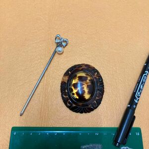 ブローチ　かんざし2点セット　鼈甲　銀細工　本真珠　　　アンティーク　レトロ
