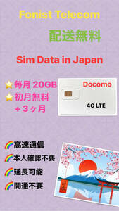 【 毎月20GB （初月無料+3ヶ月プラン）（合計 80GB）】Docomo LTE 日本国内 データ通信SIMカード DATA SIM ★送料無料★