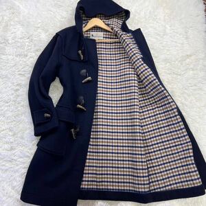 最高峰のカシミヤ素材◎ 極美品◎ Lサイズ アクアスキュータム Aquascutum ダッフルコート ロング丈 裏地チェック 水牛 ネイビー コート